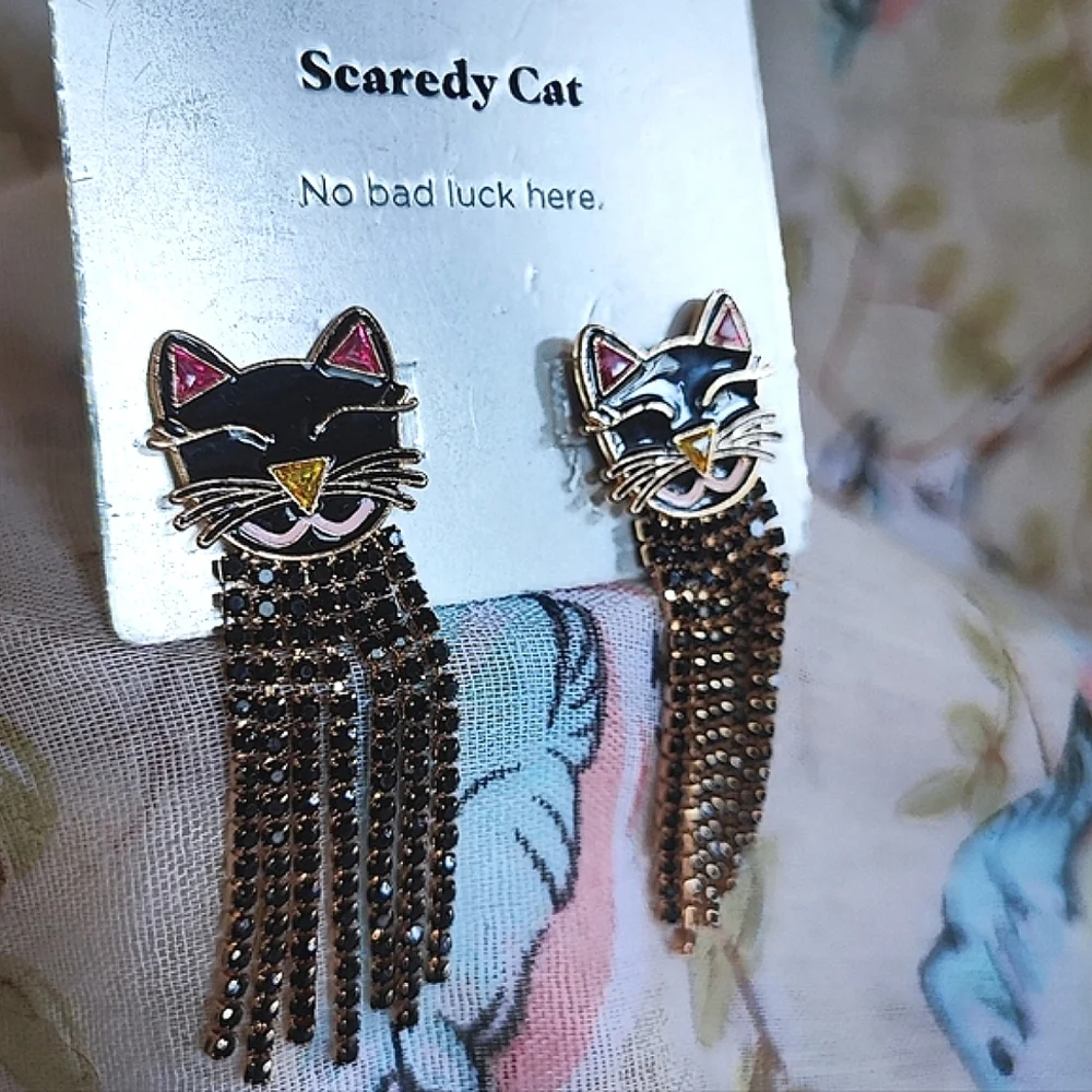 SugarFix BaubleBar Scaredy Black Cat Rhinestone Prong Set Pierced Earrings NWT